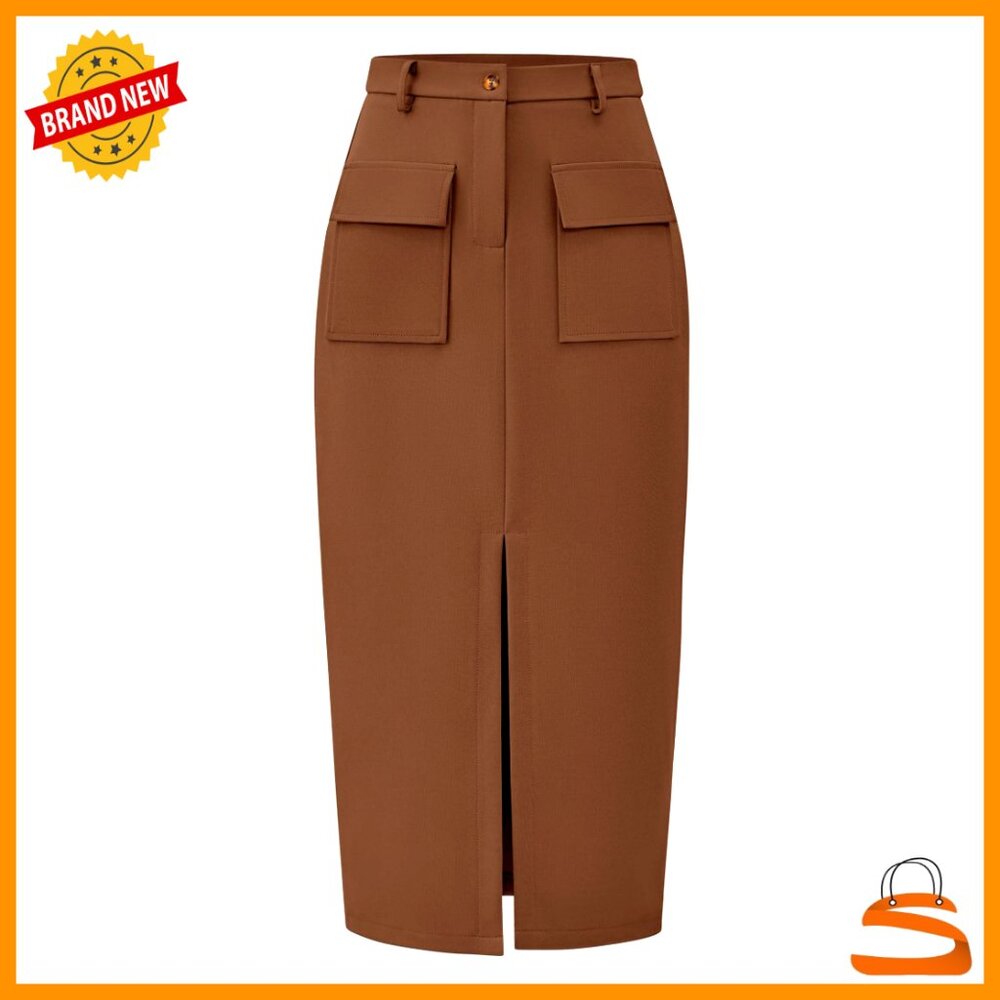 Midi Cargo Pencil Skirt High Waisted Slit Trendy Business Casual Work Wear